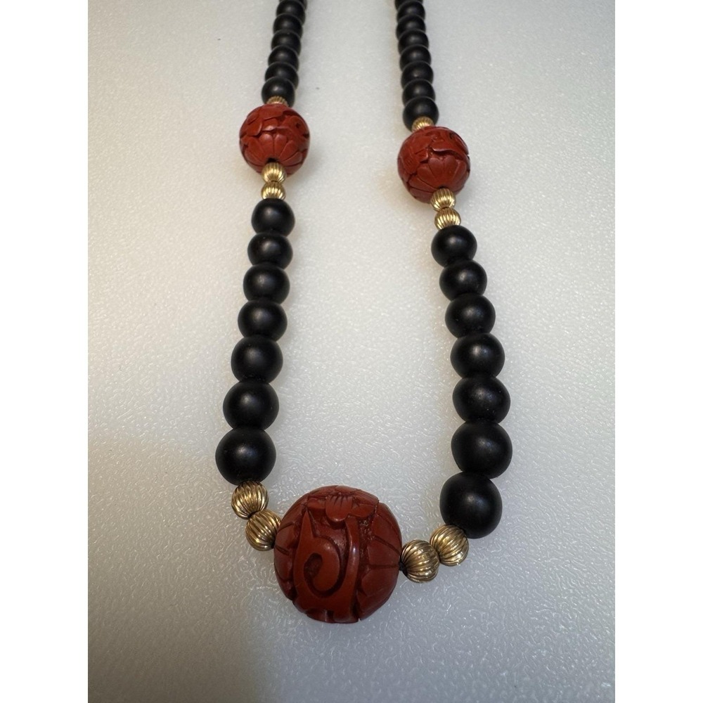 VTG Matte Onyx & Carved Red Cinnabar Necklace 27" Gold Filled Beads Bail/Clasp - Picture 2 of 10
